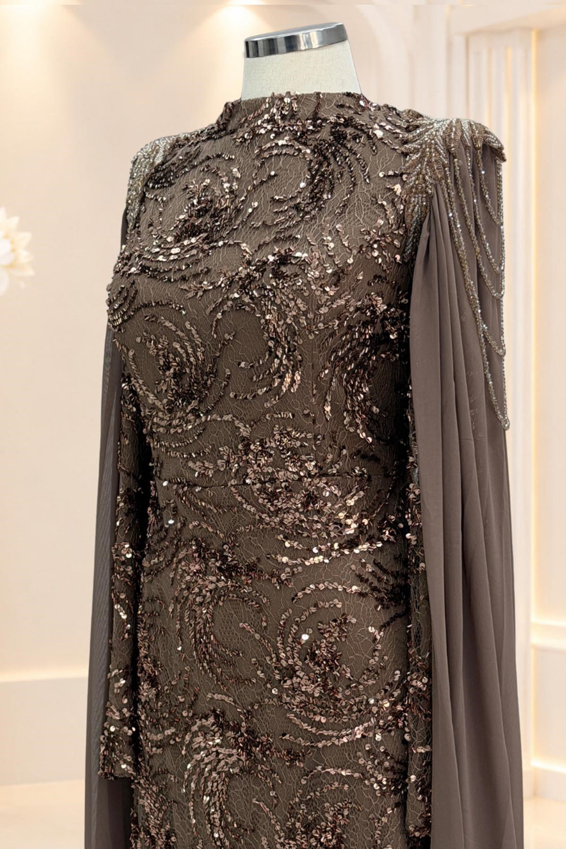 Talya Modest Evening Dress - Taupe