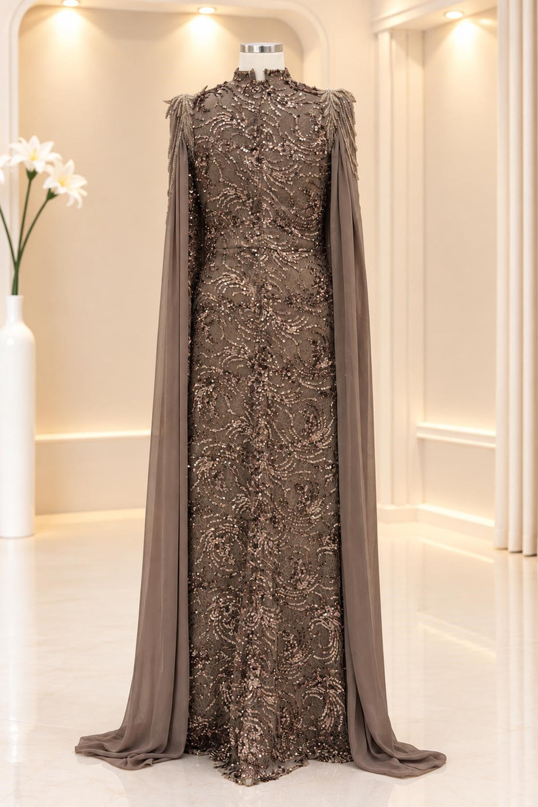 Talya Modest Evening Dress - Taupe