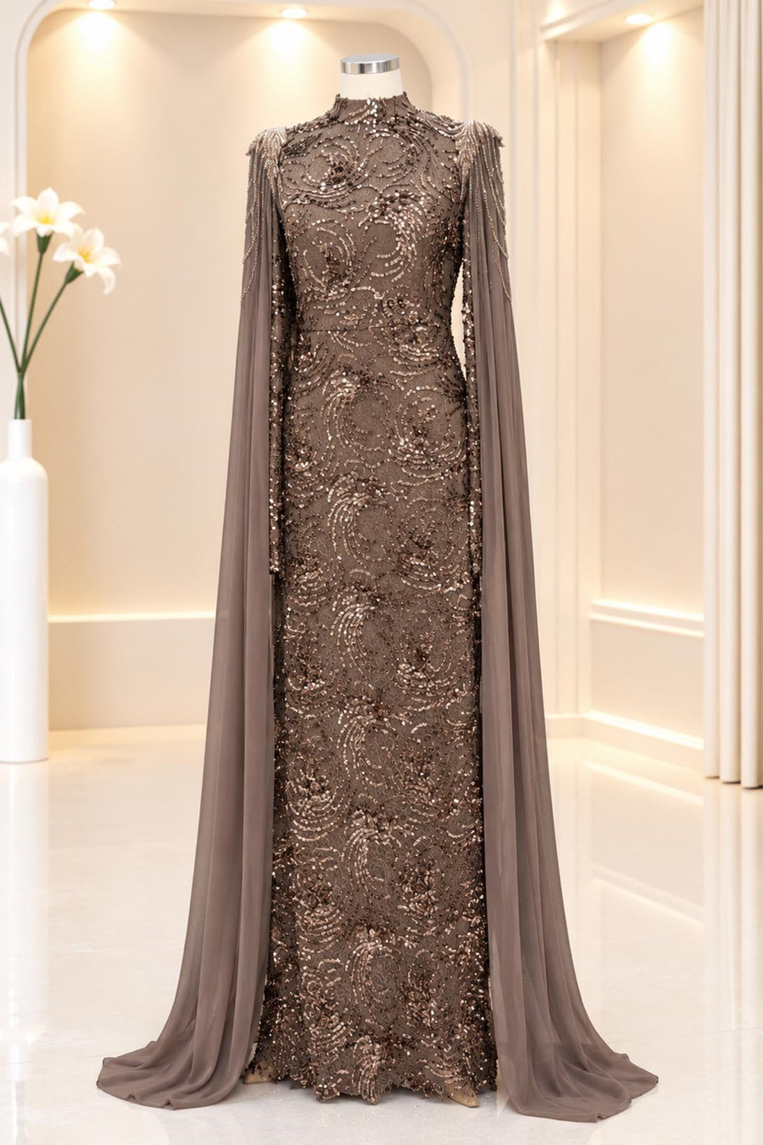 Talya Modest Evening Dress - Taupe