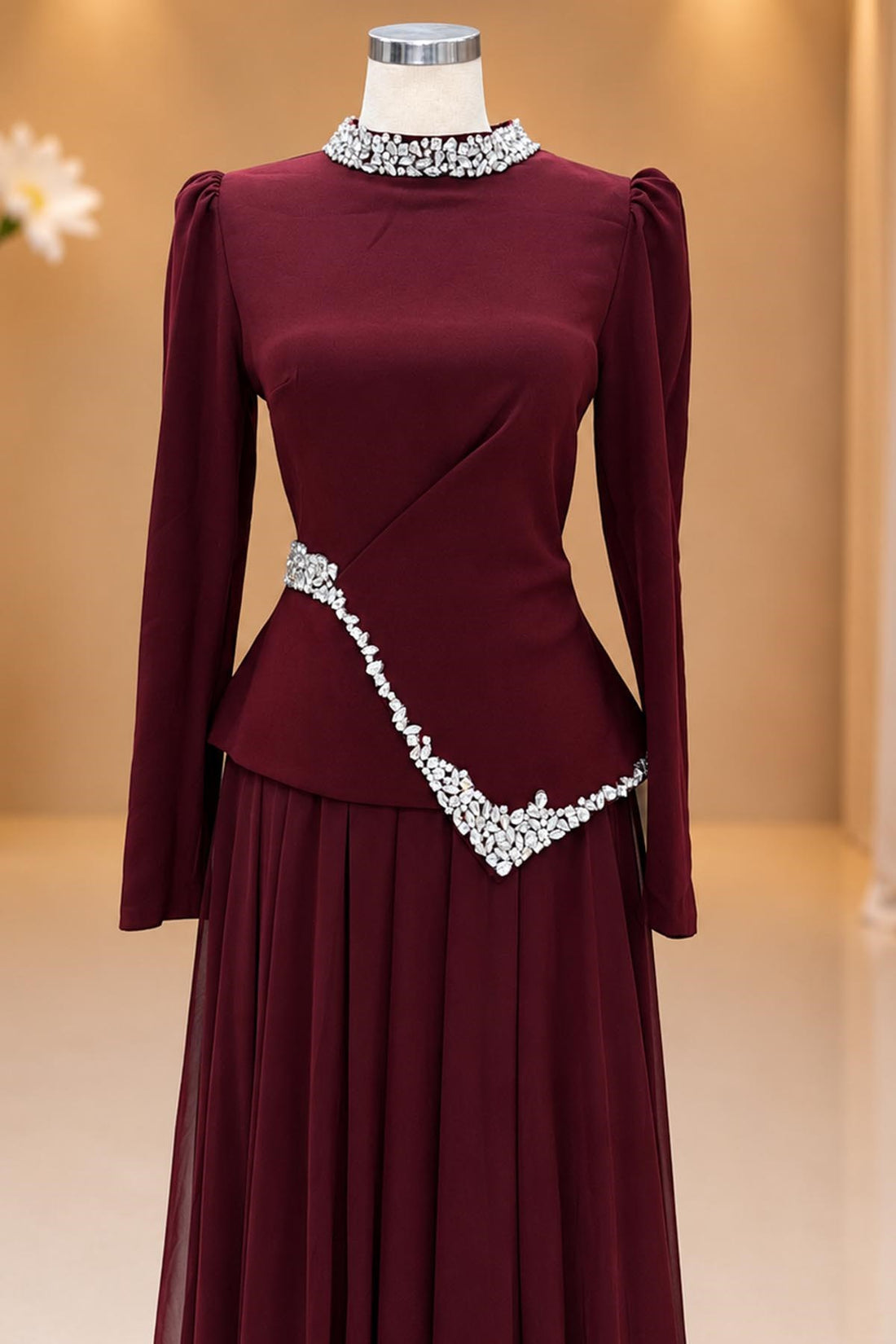 Yaren Modest Evening Dress - Burgundy