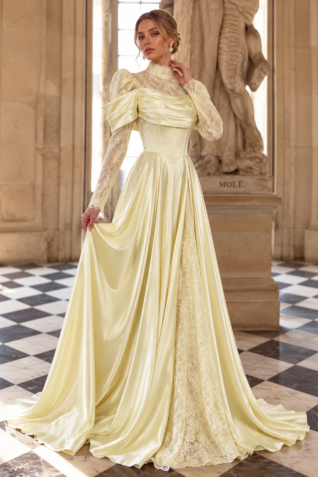 Aveline Satin & Lace Dress Butter Yellow
