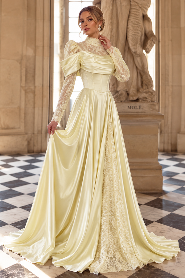 Aveline Satin & Lace Dress Butter Yellow
