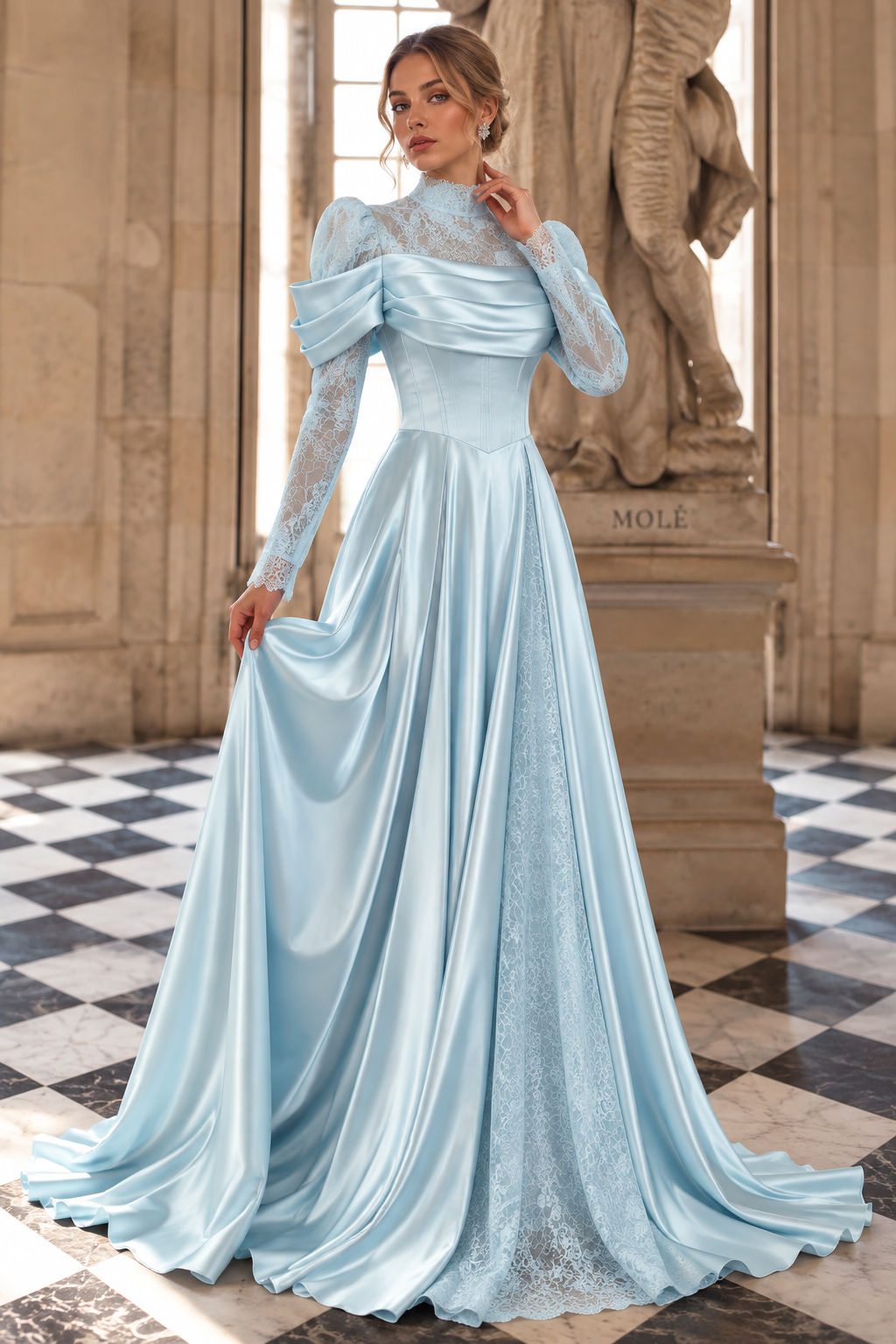 Aveline Satin & Lace Dress Ice Blue