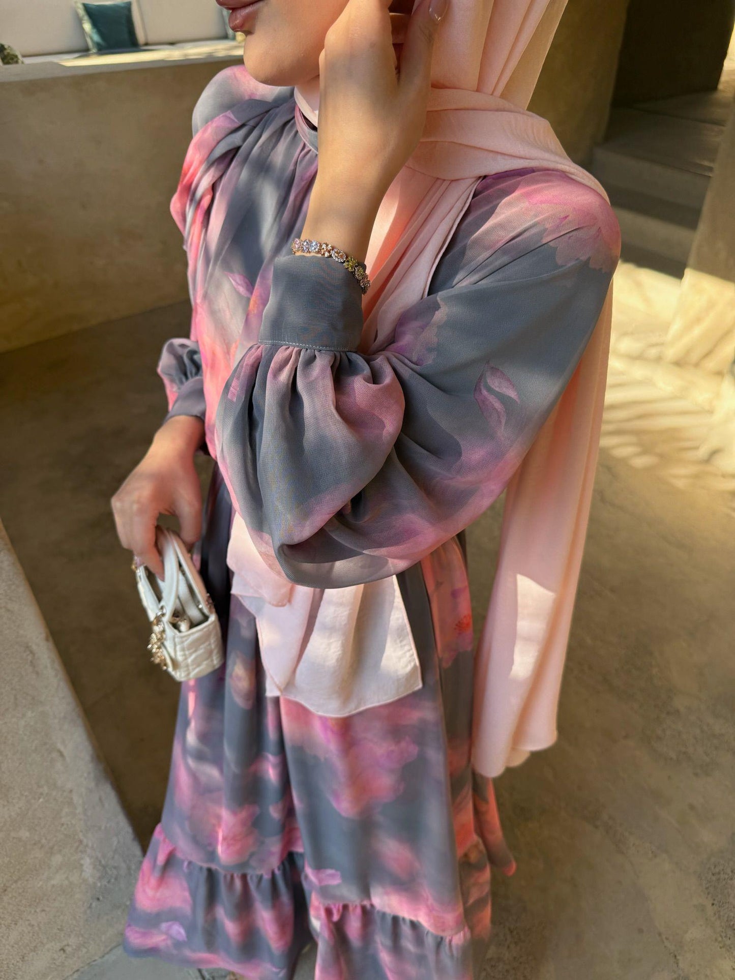 Dusty Pink Pastel Floral Chiffon Maxi Dress