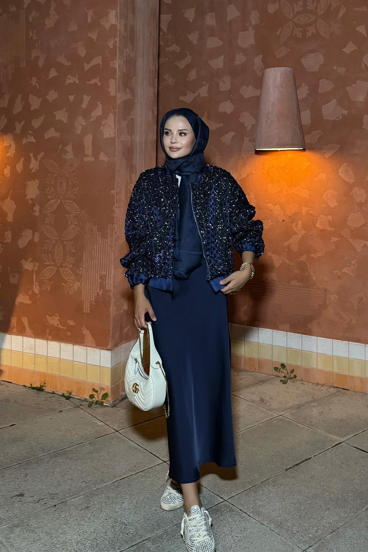 Navy Blue Satin Jacket with Sequins