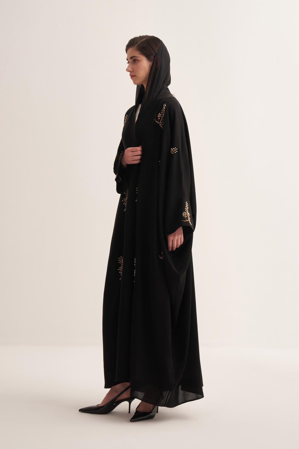 Black Abaya & Scarf Set with Pearl and Stone Embellishments
