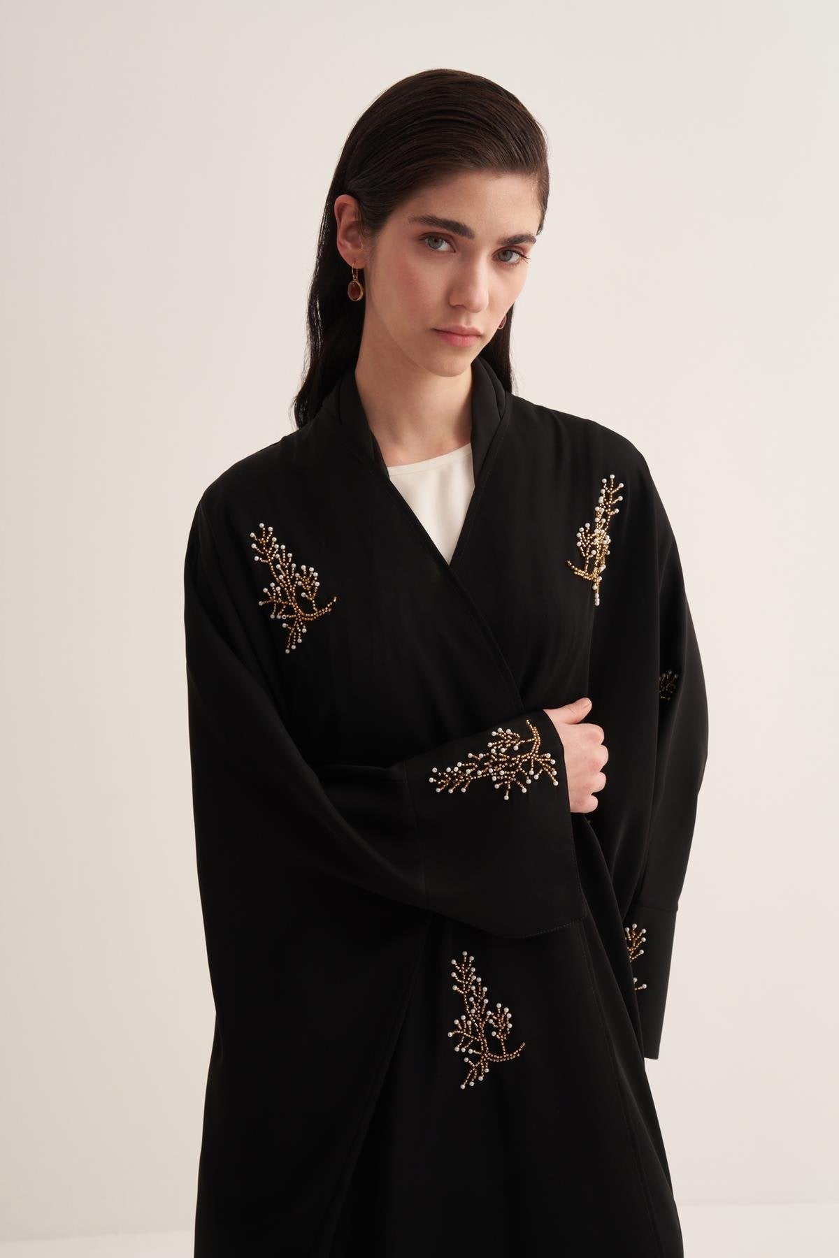 Black Abaya & Scarf Set with Pearl and Stone Embellishments