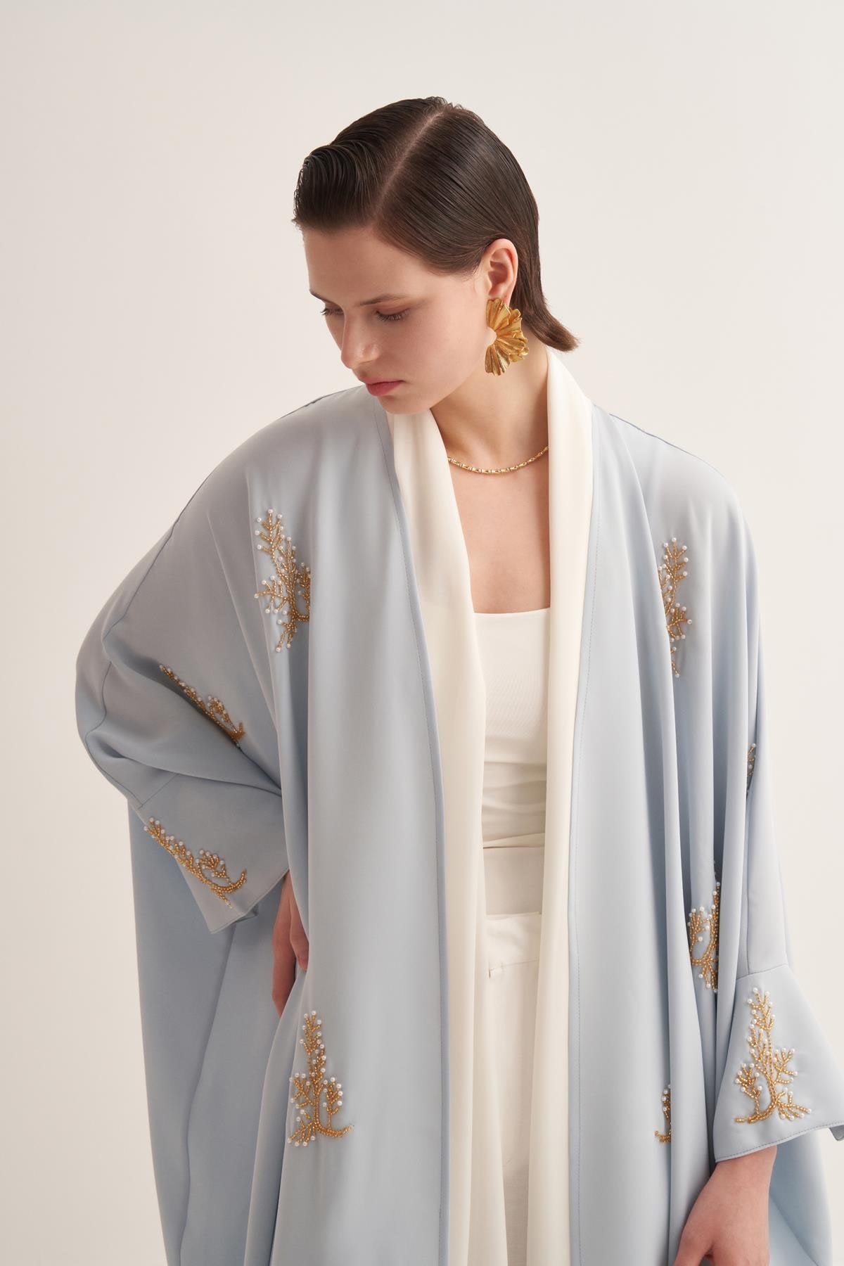 Baby Blue Abaya & Scarf Set with Pearl and Stone Embellishments