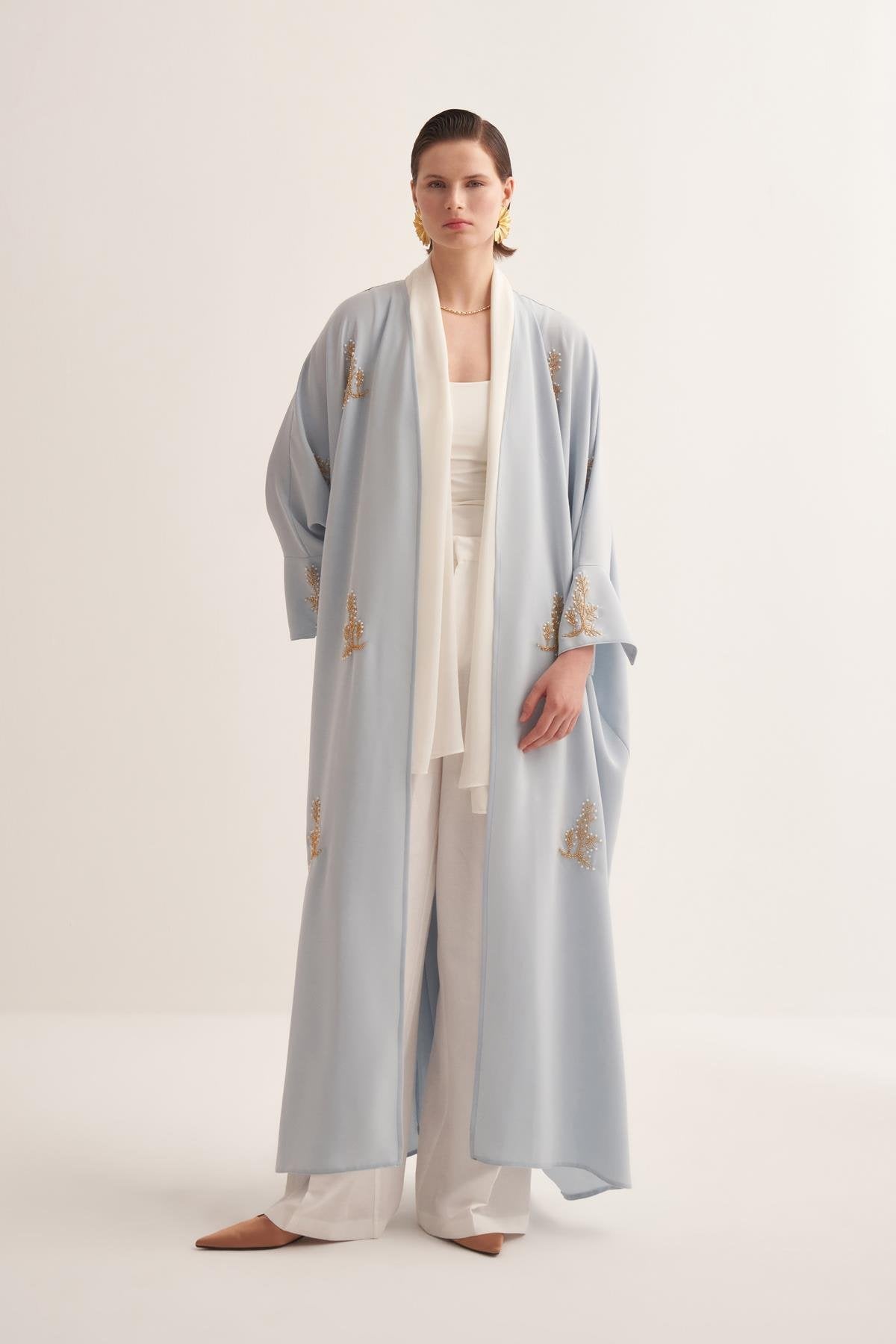 Baby Blue Abaya & Scarf Set with Pearl and Stone Embellishments