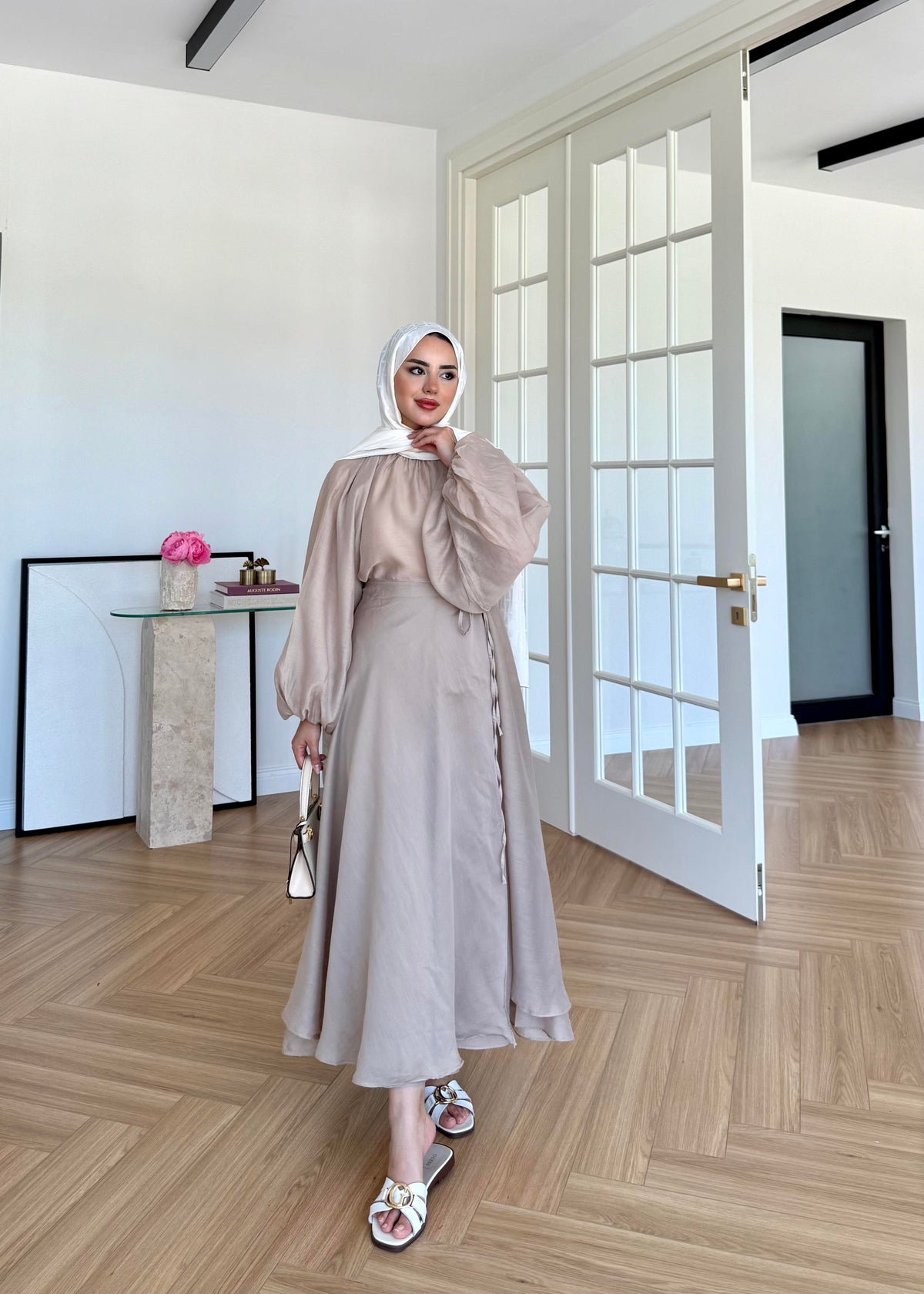 Balloon Sleeve Skirt Set - Taupe