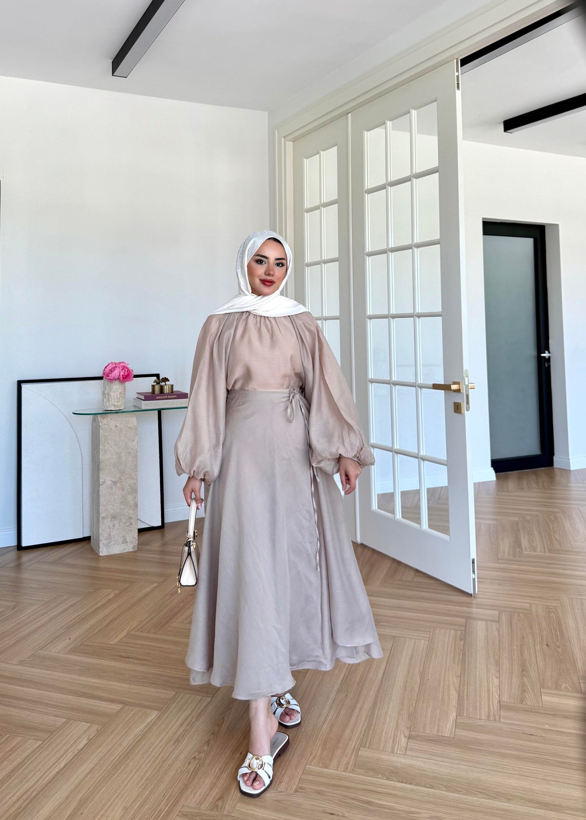 Balloon Sleeve Skirt Set - Taupe
