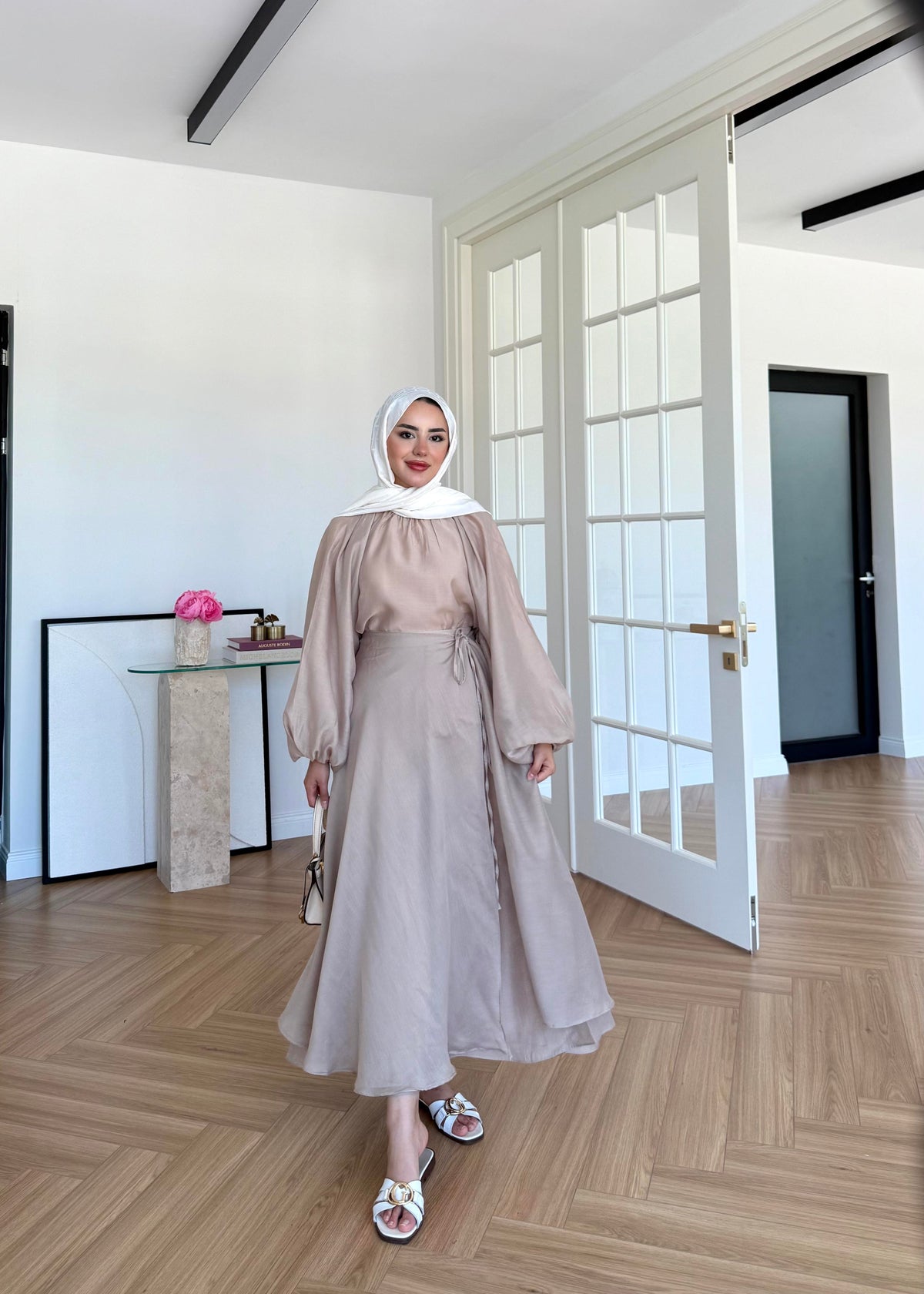 Balloon Sleeve Skirt Set - Taupe