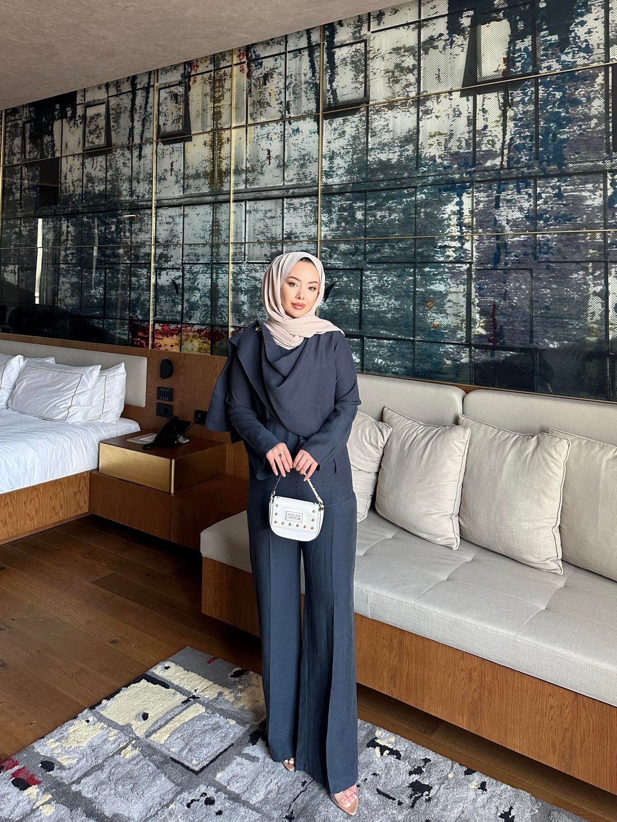 Navy Tencel Set with Brooch Detail