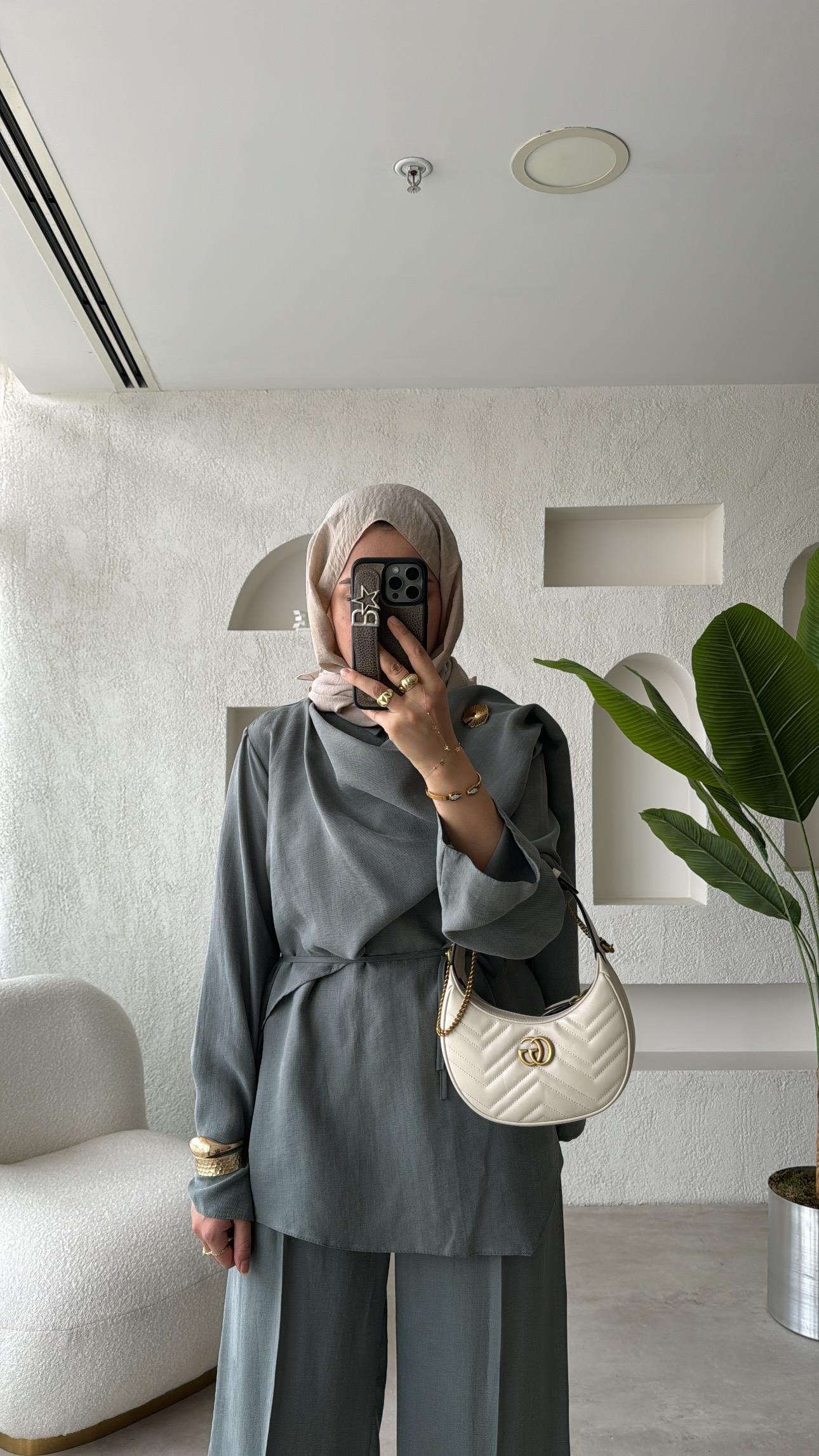 Gray Tencel Set with Brooch Detail