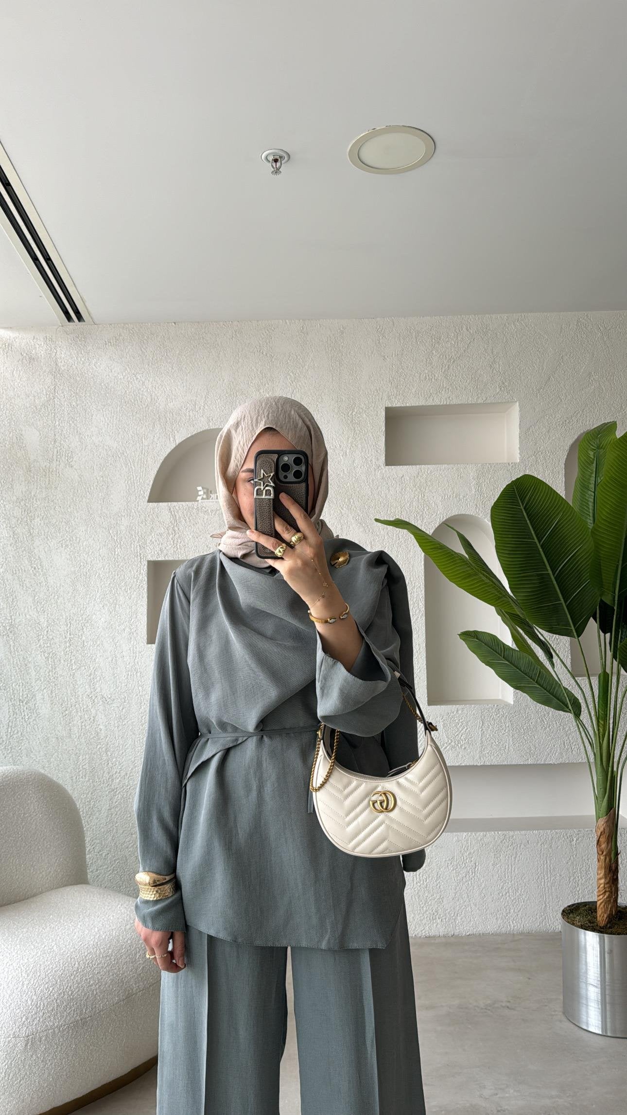 Gray Tencel Set with Brooch Detail
