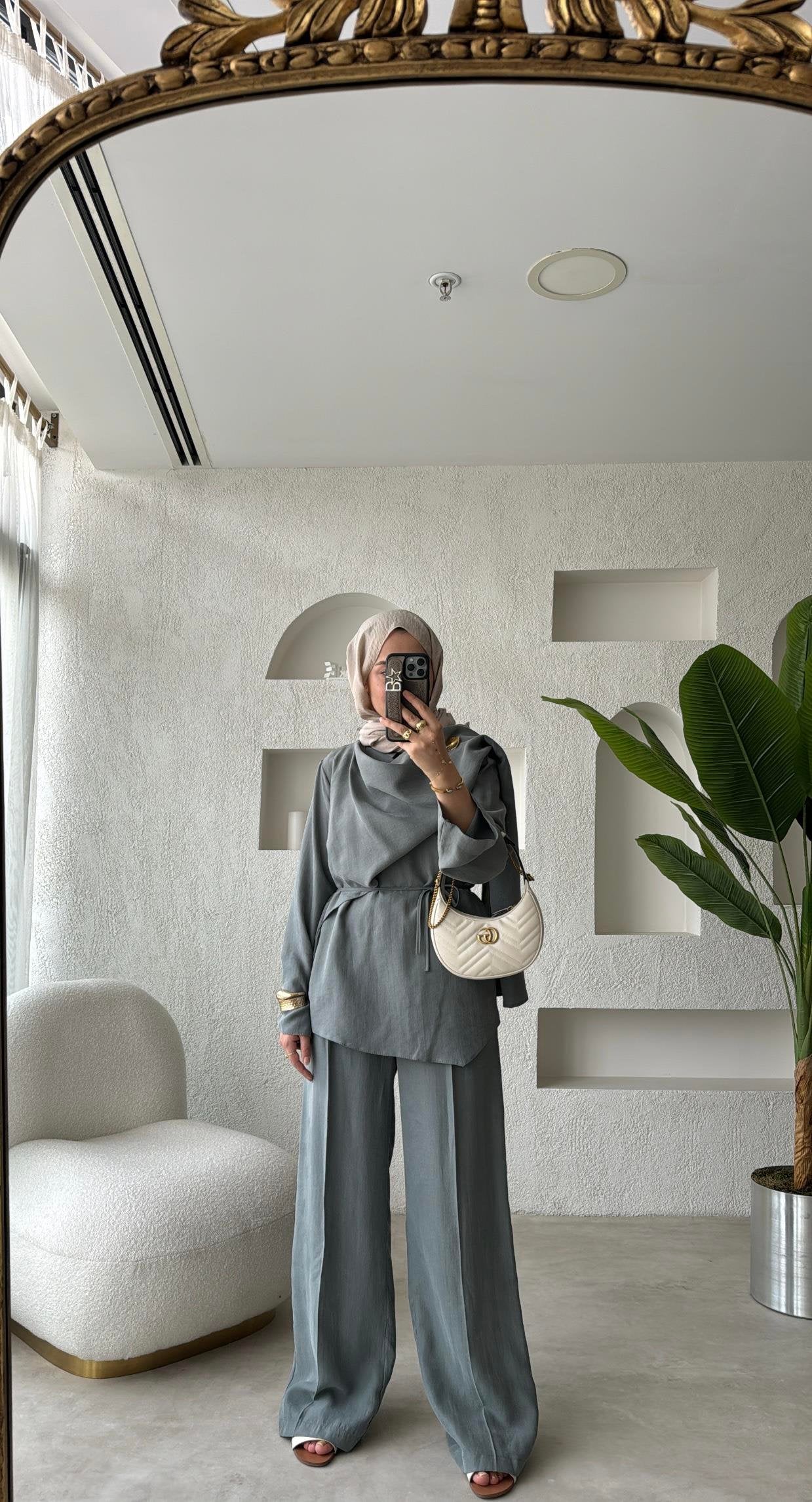 Gray Tencel Set with Brooch Detail