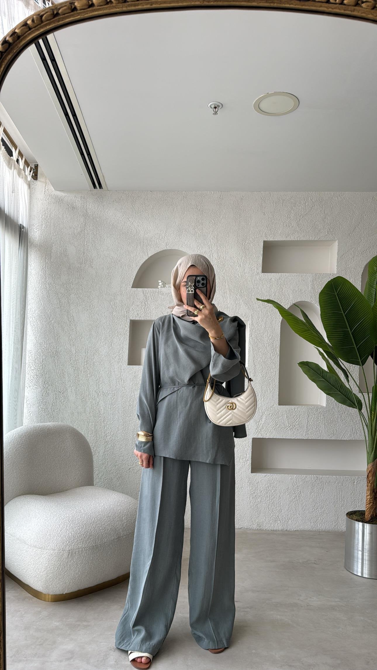 Gray Tencel Set with Brooch Detail