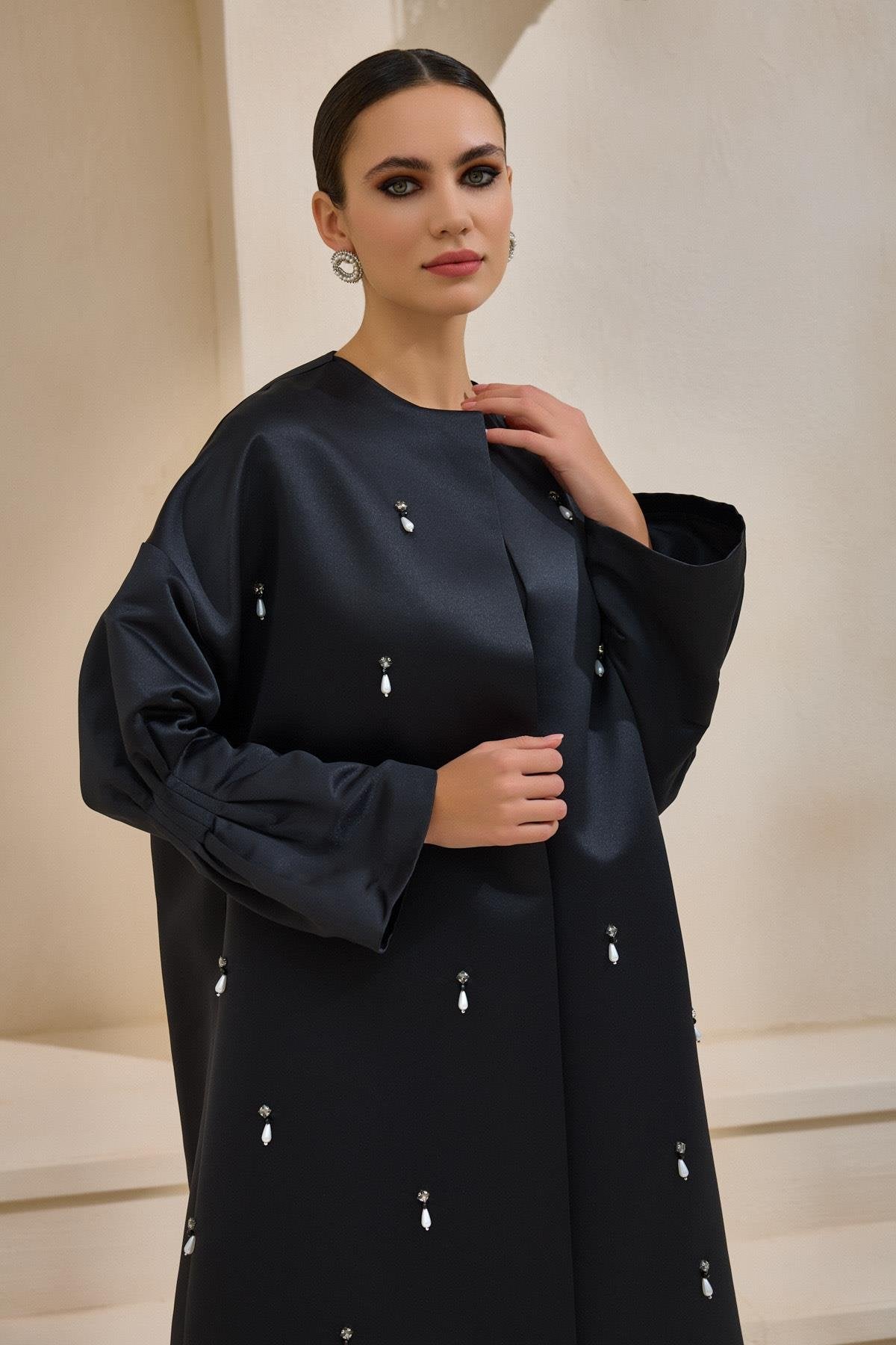 Crystal Embellished Black Satin Abaya - sonafey