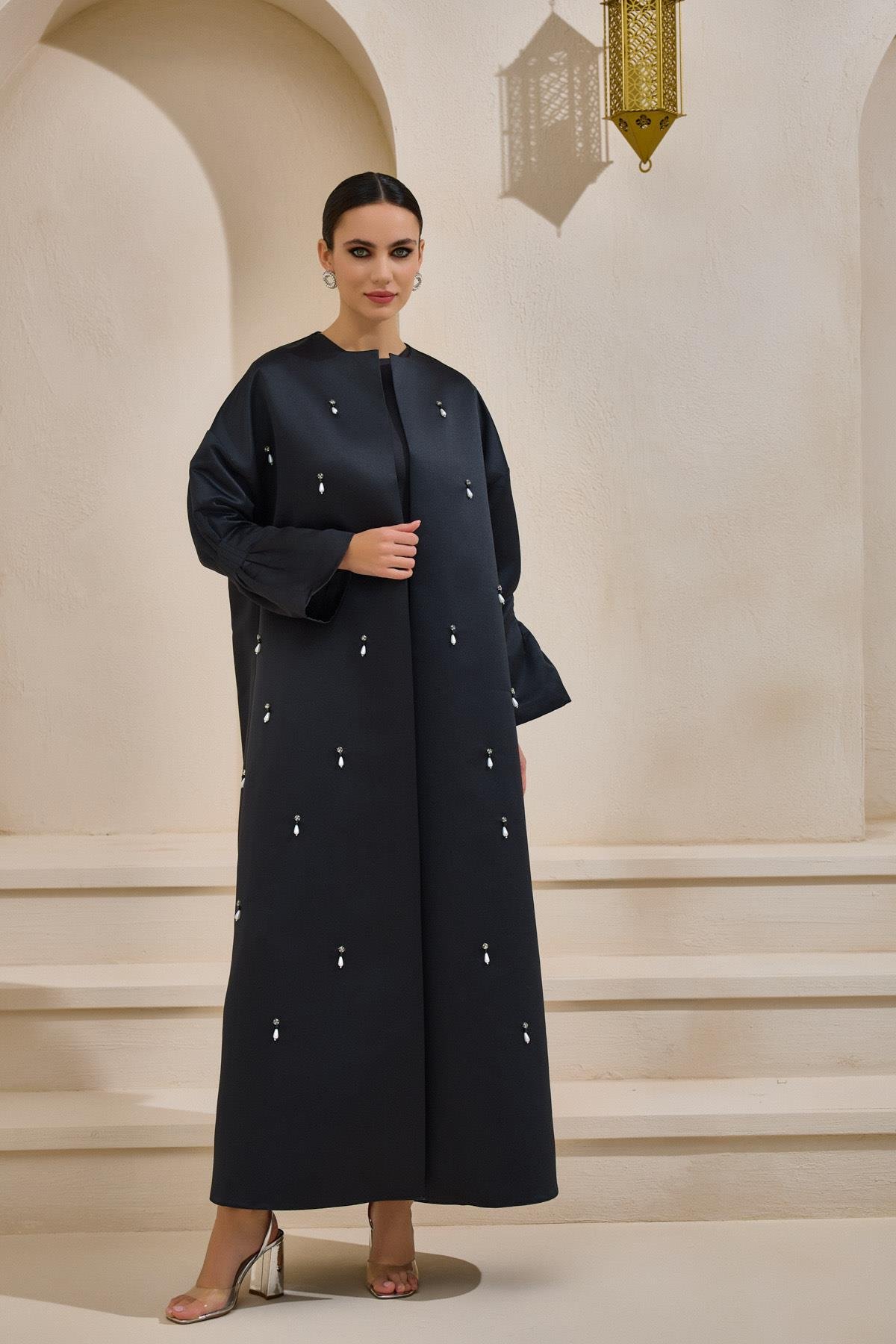 Crystal Embellished Black Satin Abaya - sonafey