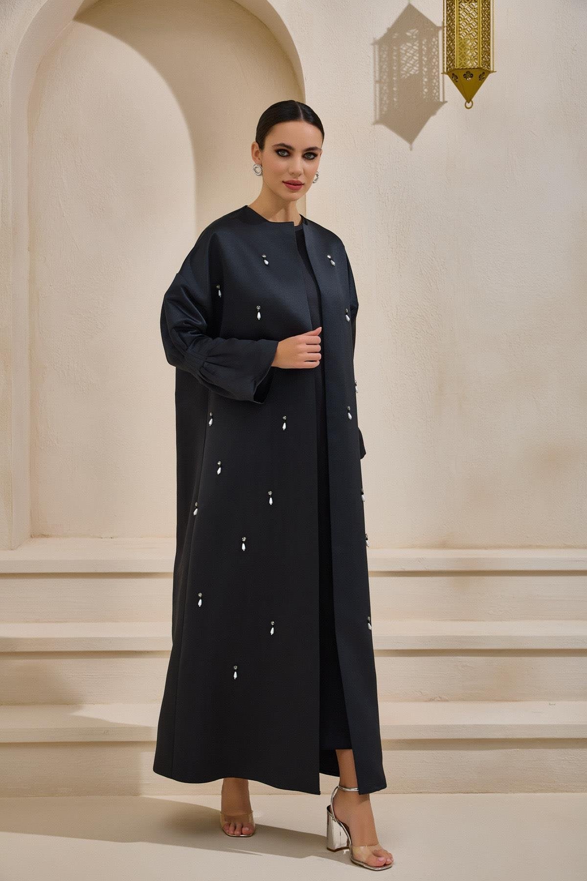 Crystal Embellished Black Satin Abaya - sonafey