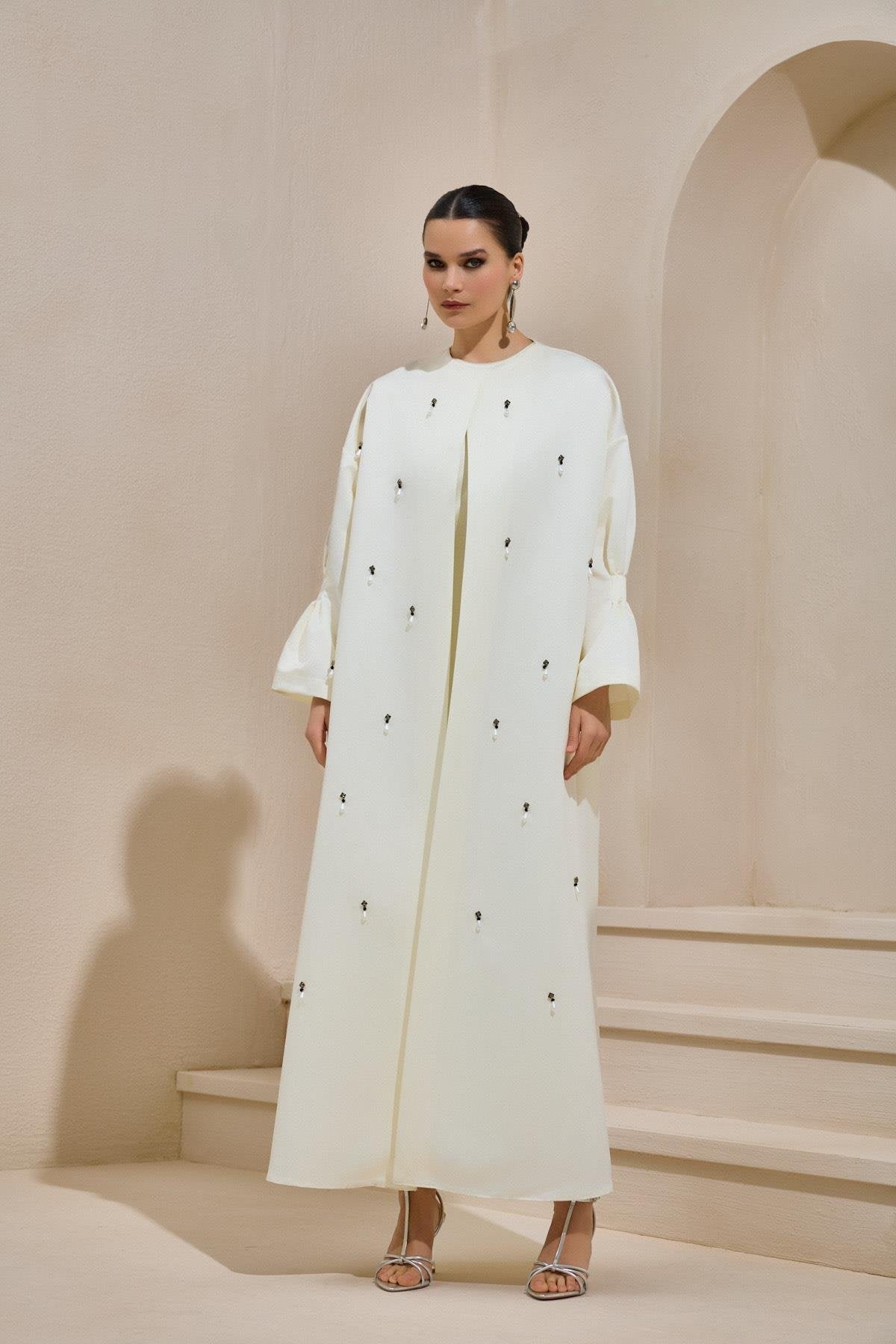Crystal Embellished White Satin Abaya - sonafey