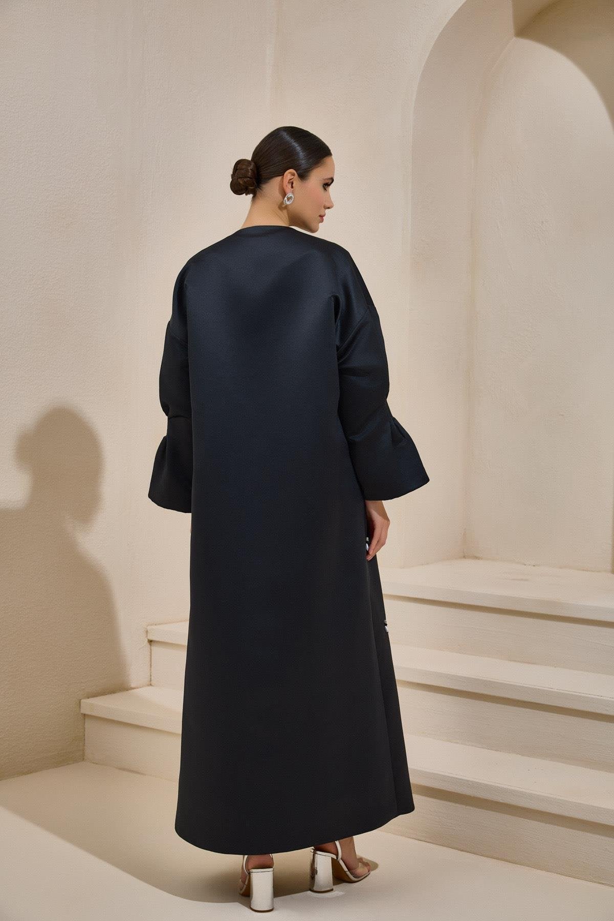 Crystal Embellished Black Satin Abaya - sonafey