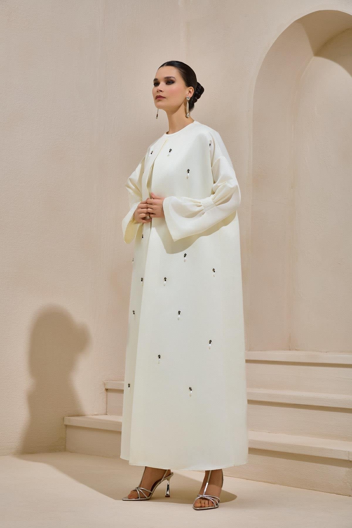 Crystal Embellished White Satin Abaya - sonafey