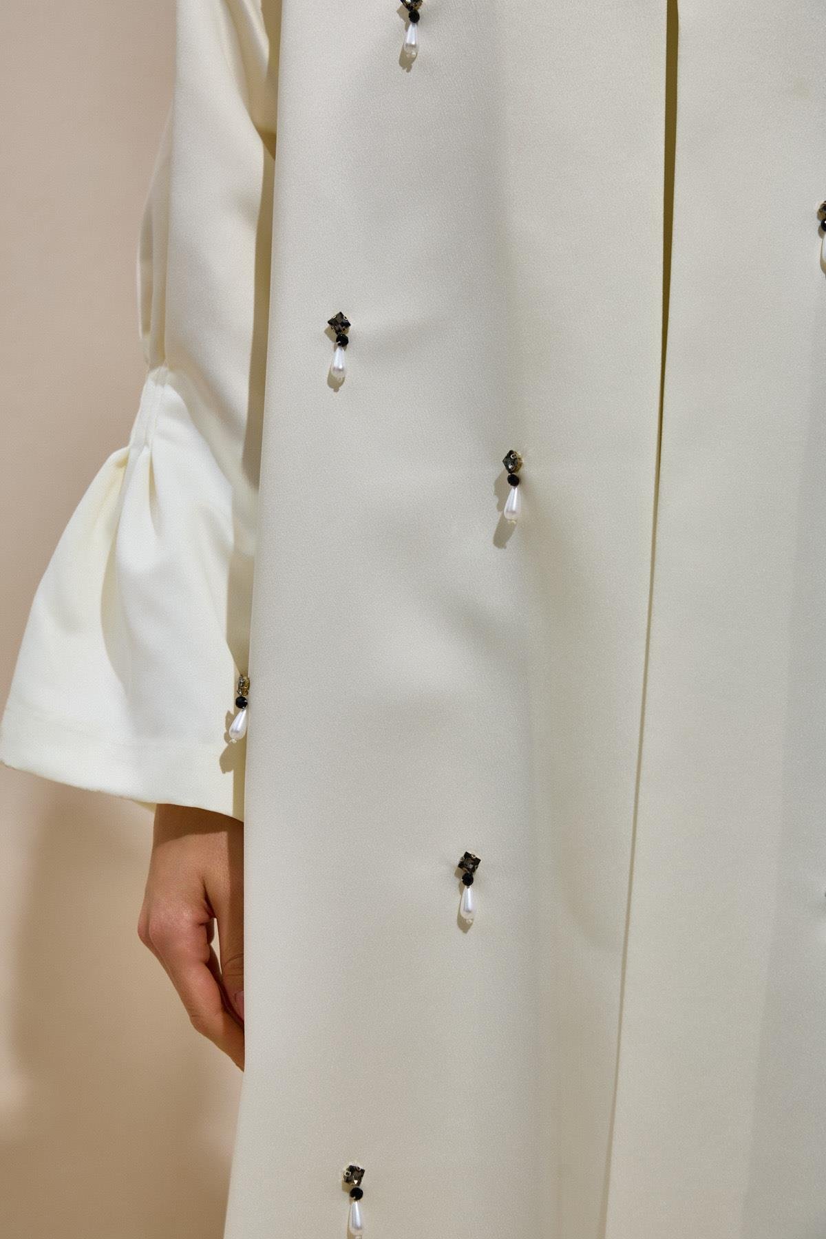 Crystal Embellished White Satin Abaya - sonafey