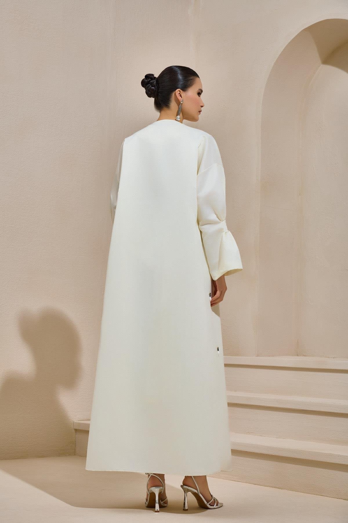 Crystal Embellished White Satin Abaya - sonafey