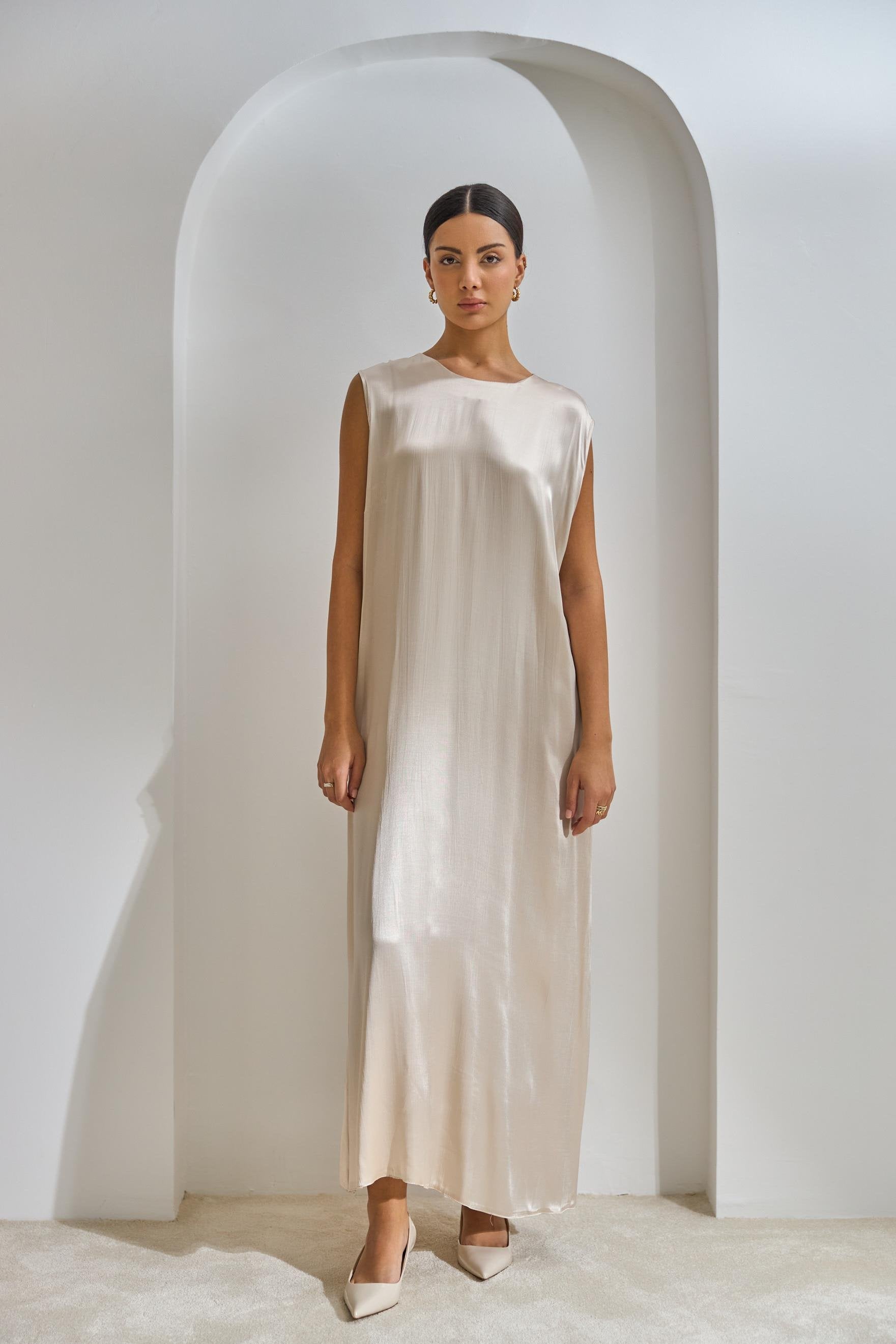 Beige Viscose Abaya Set with Dress and Shawl - sonafey