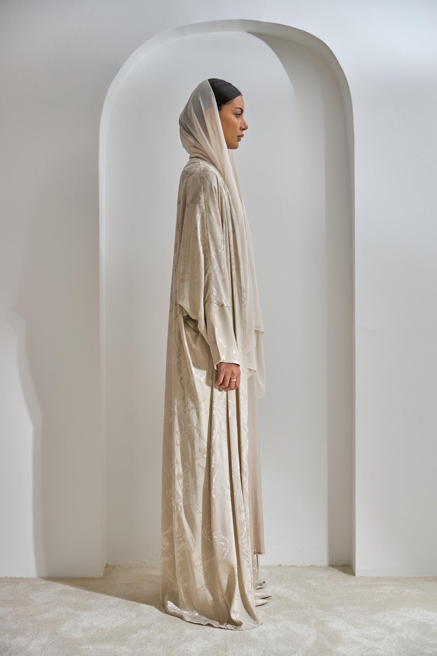Beige Viscose Abaya Set with Dress and Shawl - sonafey