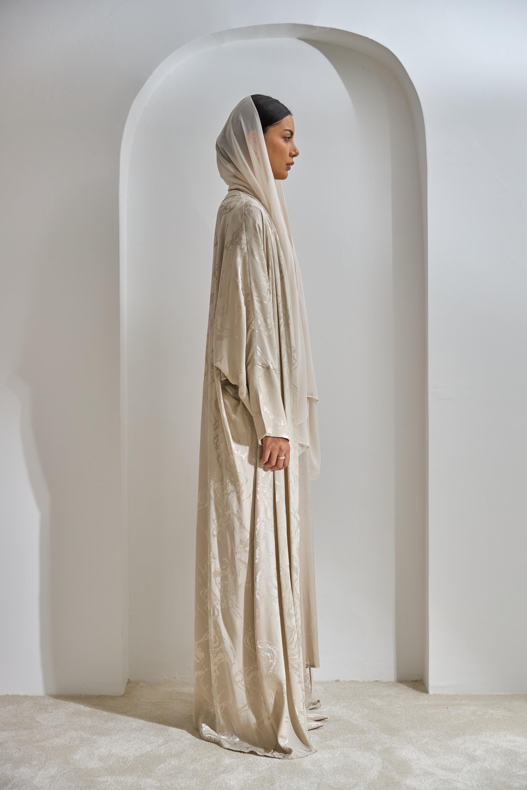 Beige Viscose Abaya Set with Dress and Shawl - sonafey