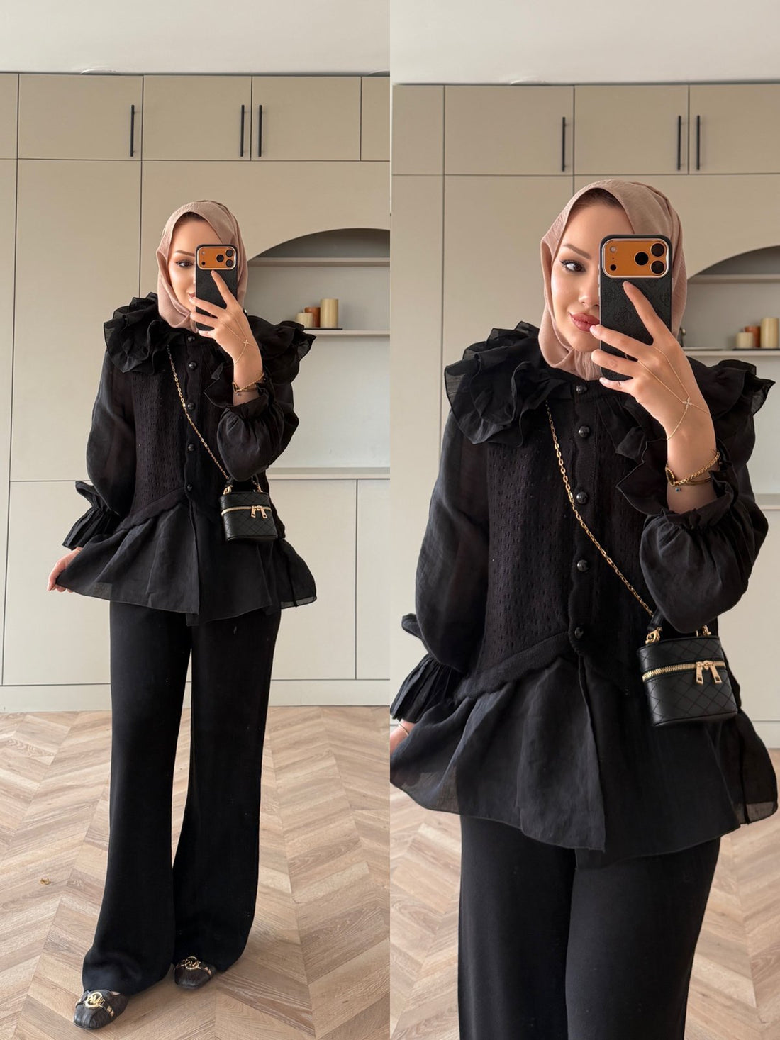 Feza Ruffle Detail Knit Top and Wide-Leg Pants Set Black – hero