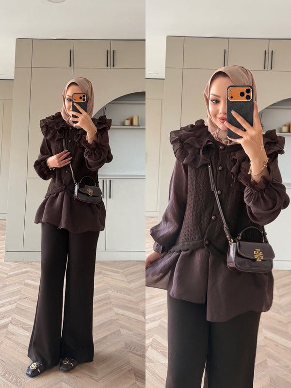 Feza Ruffle Detail Knit Top and Wide-Leg Pants Set Brown – hero