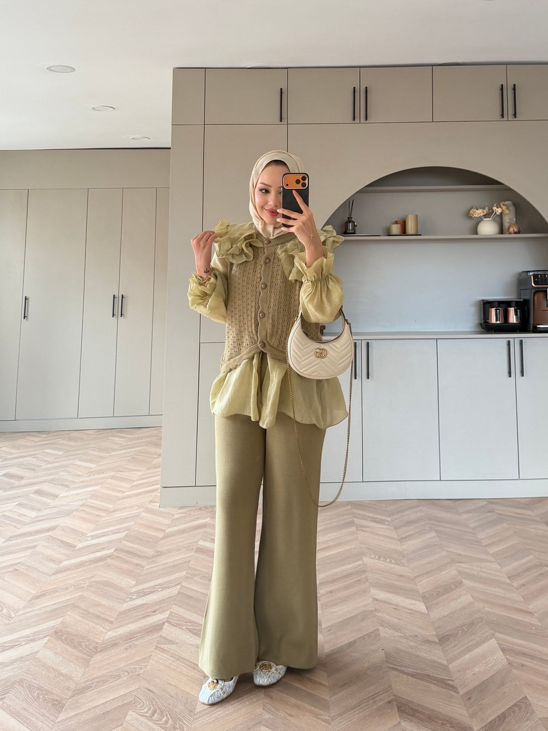 Feza Ruffle Detail Knit Top and Wide-Leg Pants Set Khaki – full-length