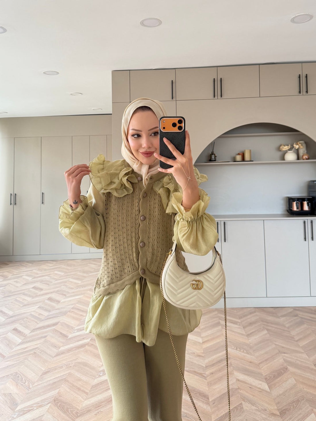 Feza Ruffle Detail Knit Top and Wide-Leg Pants Set Khaki – portrait