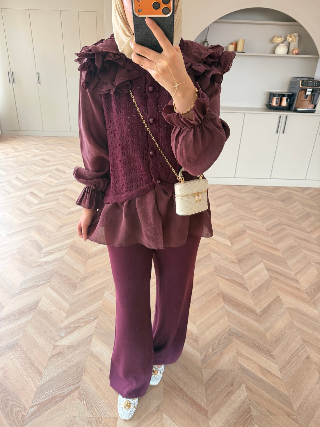 Feza Ruffle Detail Knit Top and Wide-Leg Pants Set Plum – closeup