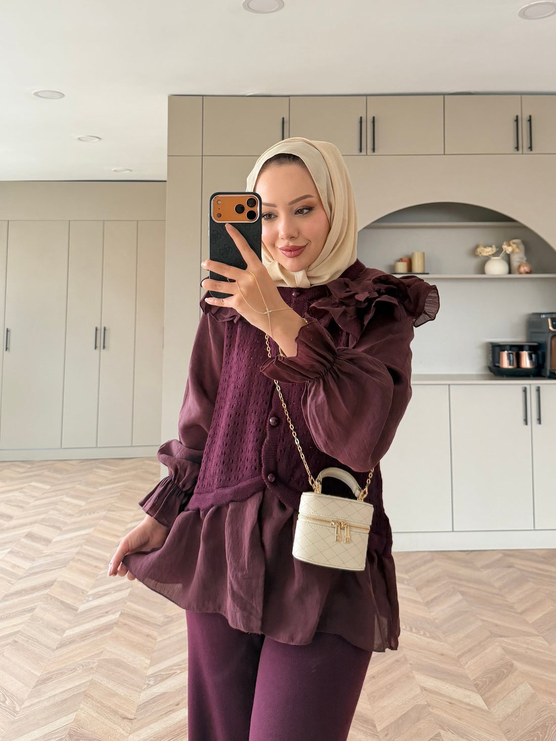 Feza Ruffle Detail Knit Top and Wide-Leg Pants Set Plum – portrait