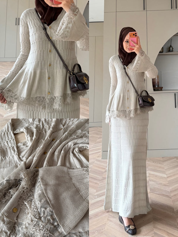 Viona Lace-Trim Knit Cardigan and Maxi Skirt Set in Beige: full