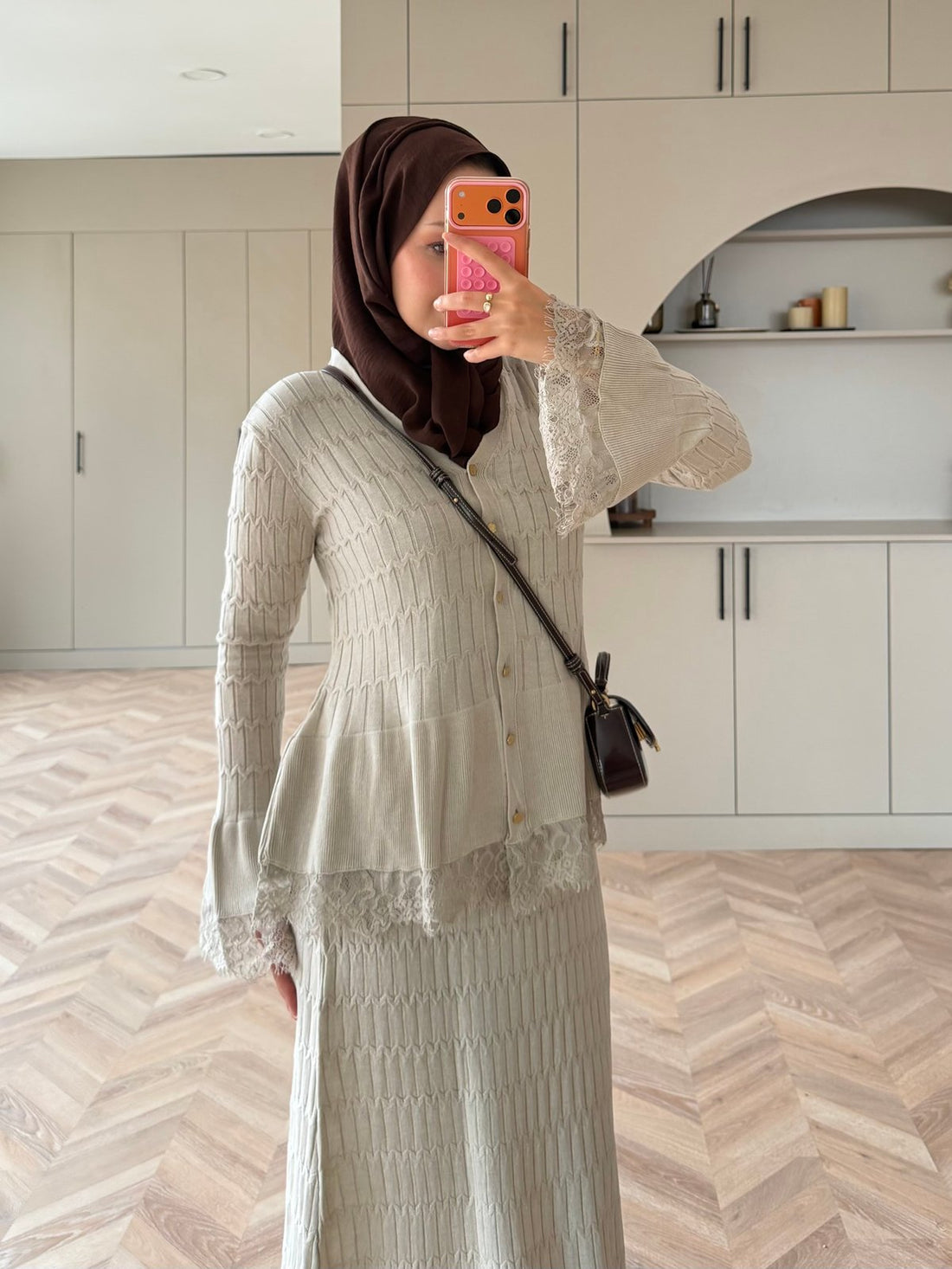 Viona Lace-Trim Knit Cardigan and Maxi Skirt Set in Beige: portrait