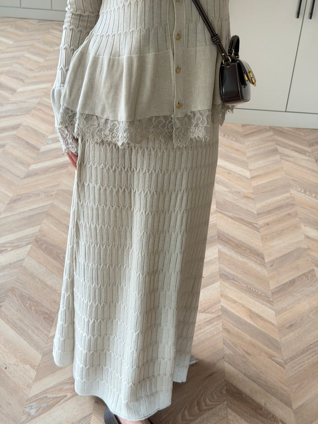 Viona Lace-Trim Knit Cardigan and Maxi Skirt Set in Beige: skirt