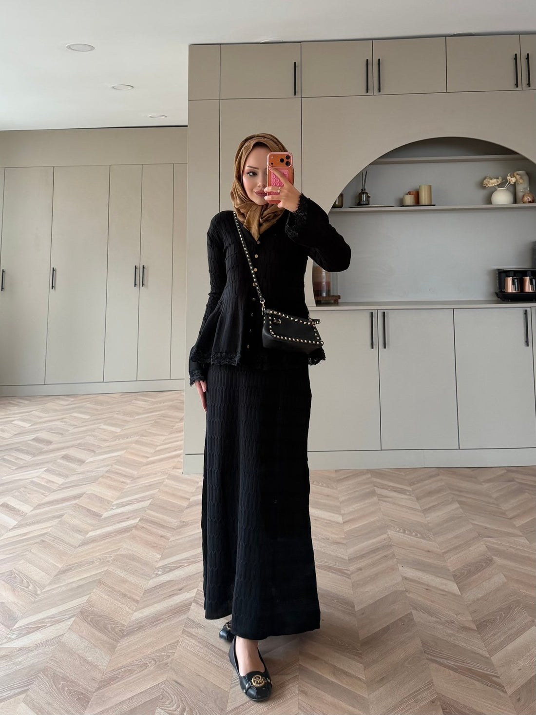 Viona Lace-Trim Knit Cardigan and Maxi Skirt Set in Black: model