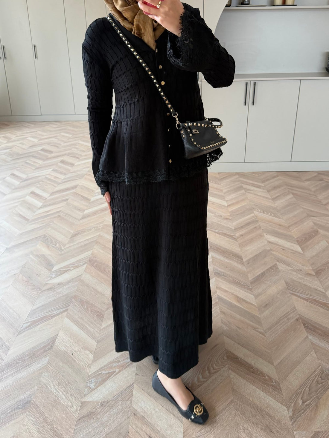 Viona Lace-Trim Knit Cardigan and Maxi Skirt Set in Black: outfit