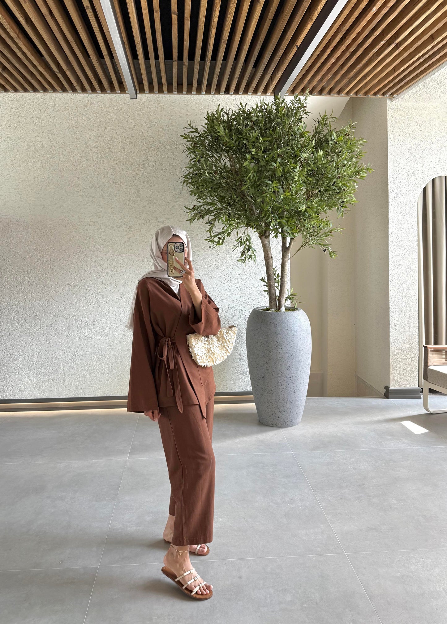 100% Linen Kimono Pant Set – Brown