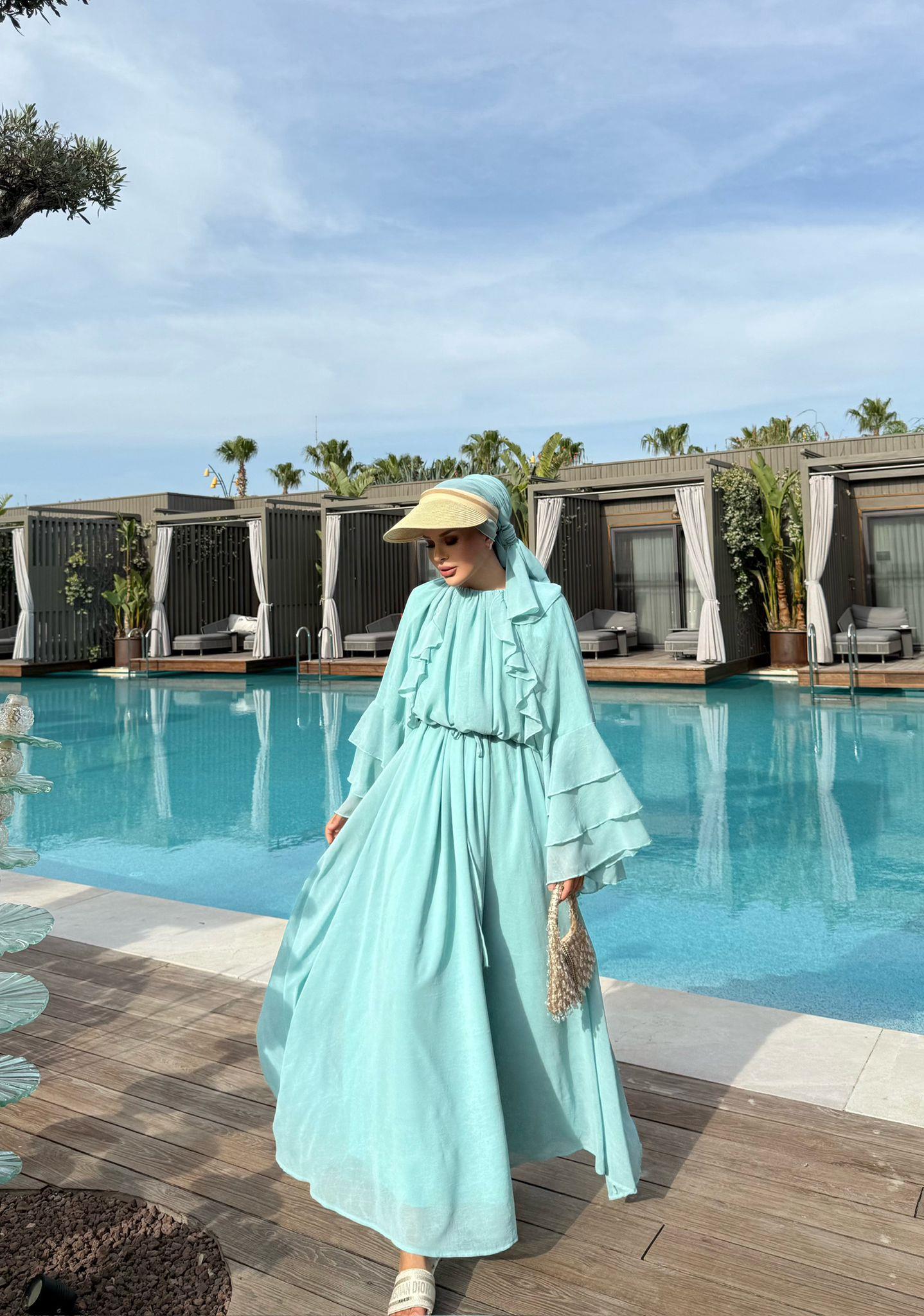 Farah Mint Green Chiffon Dress with Ruffle Details