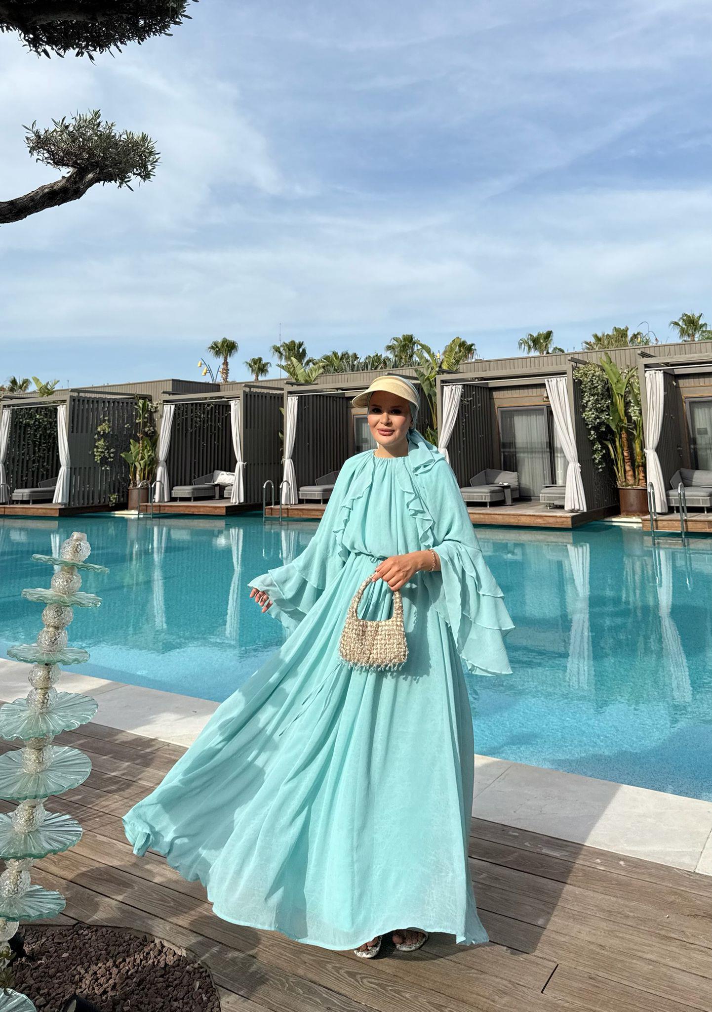 Farah Mint Green Chiffon Dress with Ruffle Details