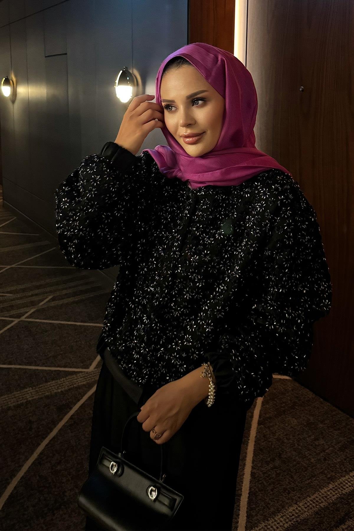 Black Satin Jacket with Sequins