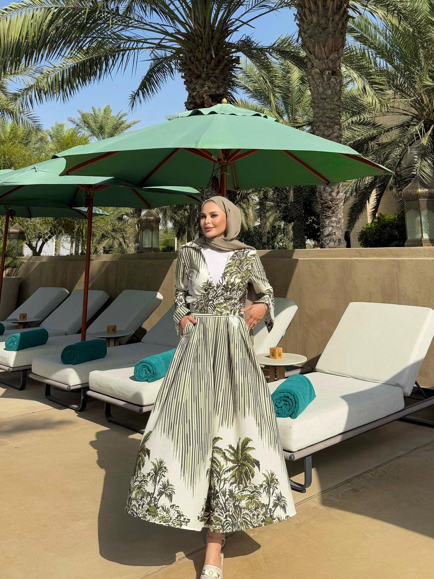 Green Tropical Print Poplin Kimono & Elastic Waist Skirt Set