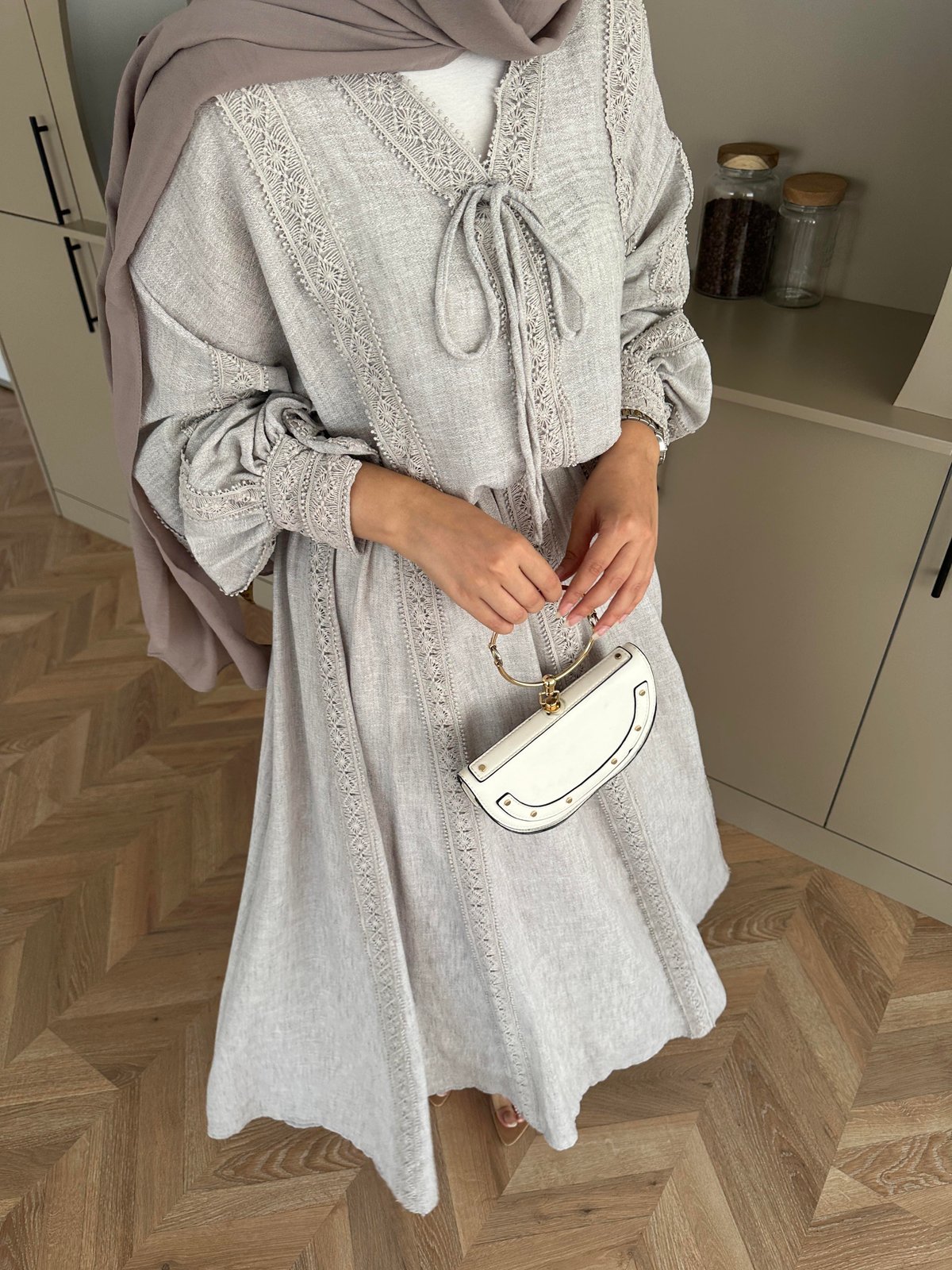 Gray Linen Co-Ord Set with Lace Trim