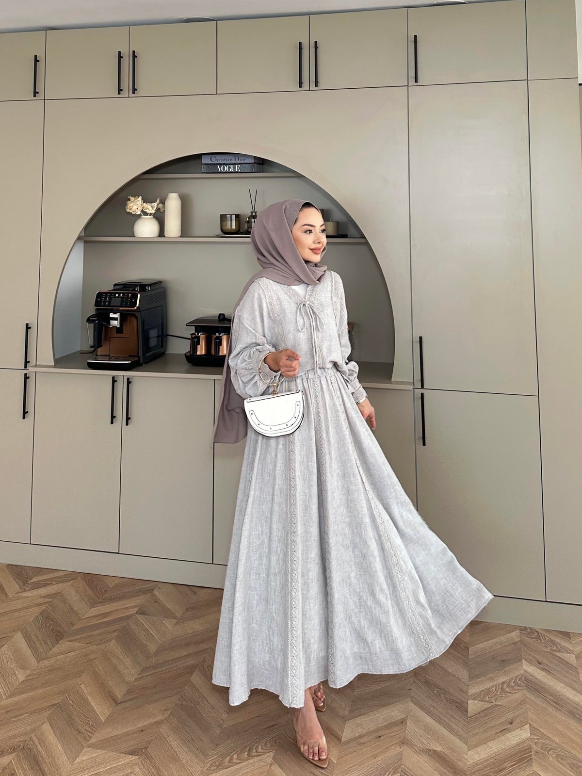 Gray Linen Co-Ord Set with Lace Trim